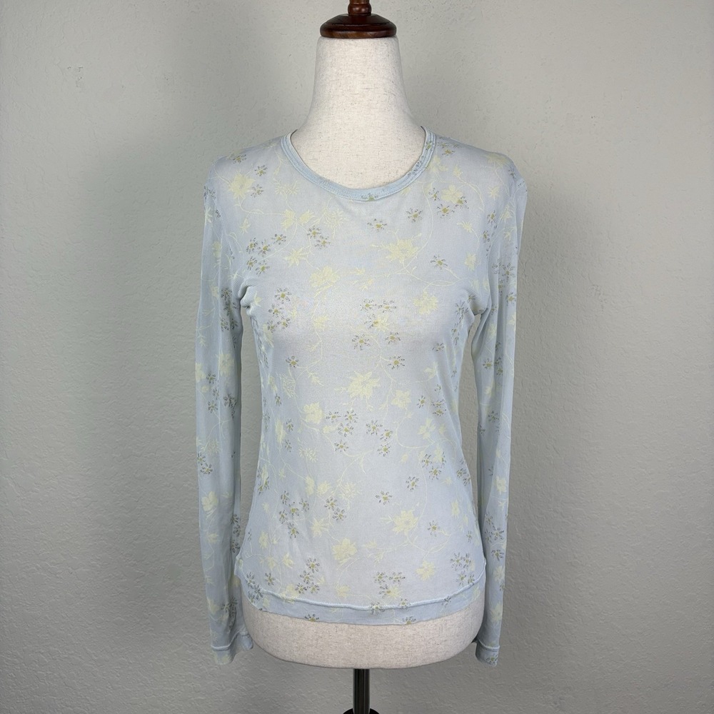 Vintage Oilily L Mesh Top Blue Floral Sheer Layering Whimsy Skater Y2k Tattoo